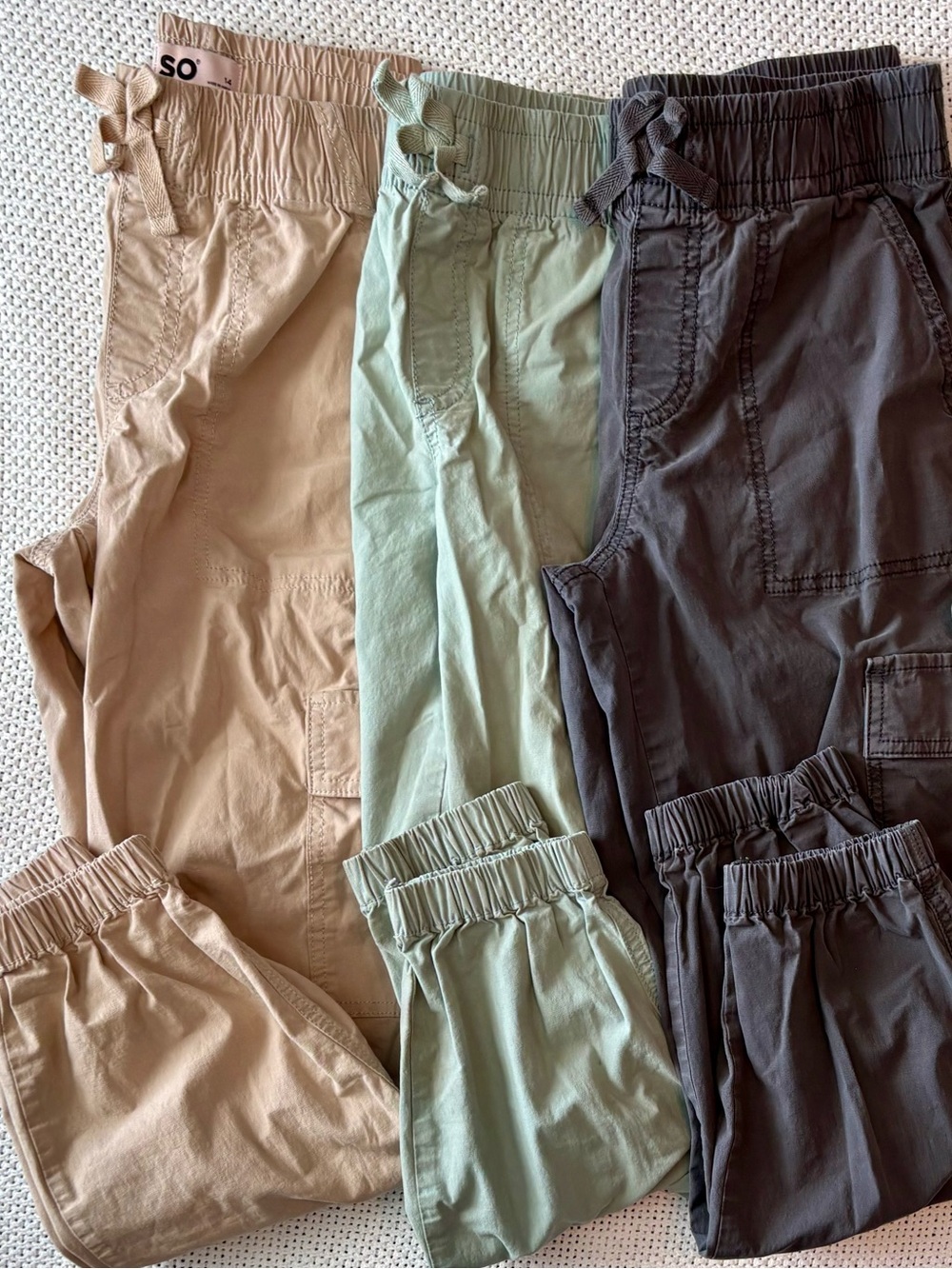 Girls SO Elastic Waist Cargo Pants - Olive, charcoal, and khaki